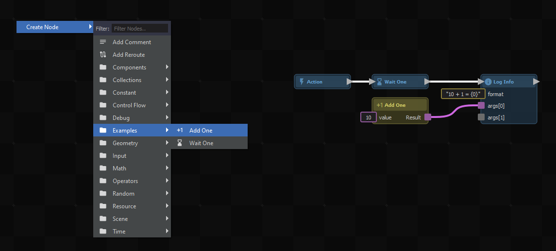 Our custom "Add One" and "Wait One" nodes in the ActionGraph editor.