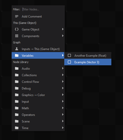Creating a node to get or set the "Example" variable.