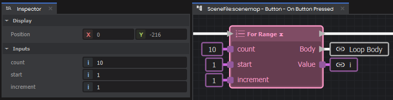 Setting constant values for the inputs in a For Range node.