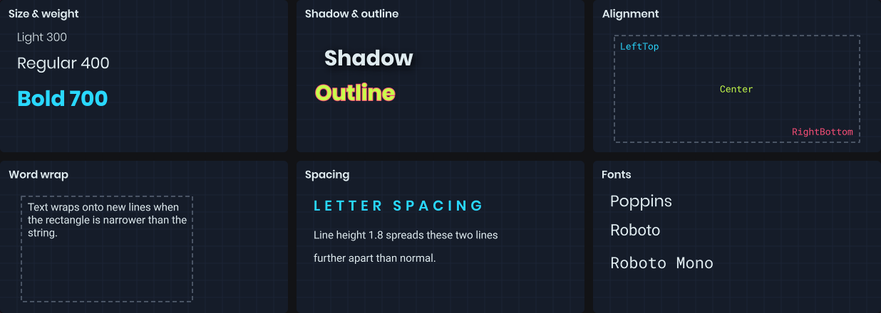 Text styles, shadows, outlines and alignment