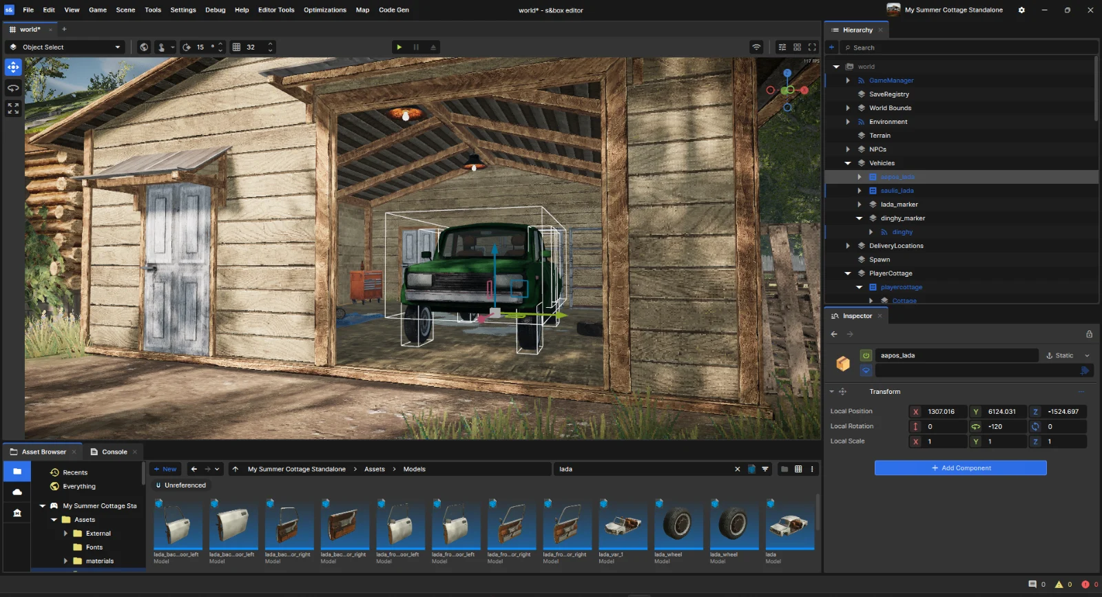 The s&box editor: a scene of a wooden garage with a car selected in the viewport, beside the hierarchy, the inspector showing its transform, and the asset browser.